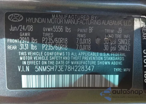 2008 Hyundai Santa Fe Limited/Se from USA, damaged, VIN 5NMSH73E78H228347